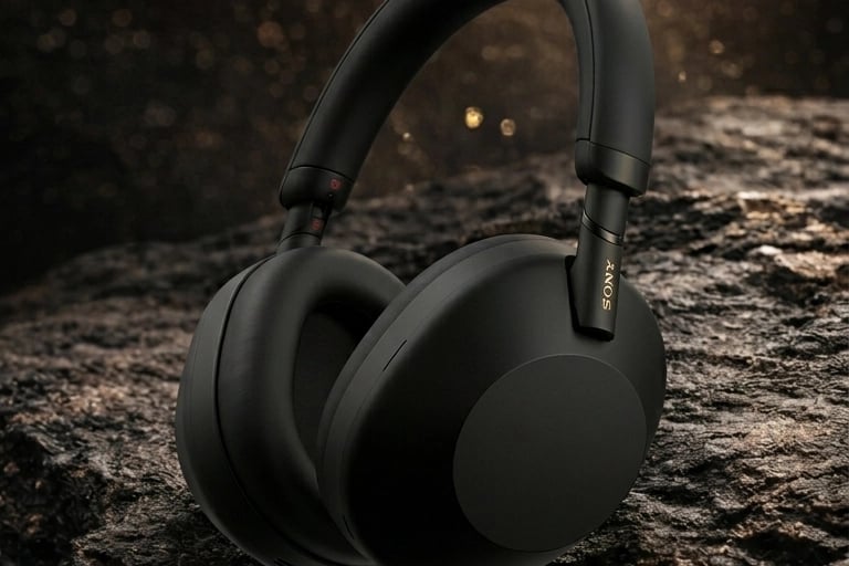 Casque sans fil premium Sony WH-1000XM6 noir sur une roche de luxe