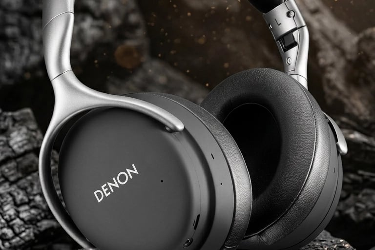 Casque sans fil à réduction de bruit Denon AH-GC30 noir posé sur une roche noire volcanique de luxe