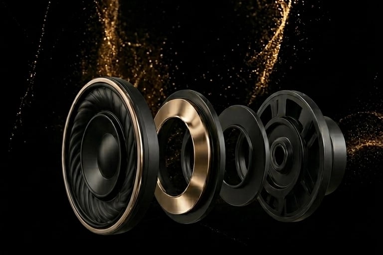 Vue éclatée driver audio Casque sans fil premium Sony WH-1000XM5 noir de luxe