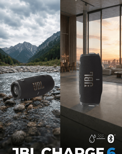 Enceinte JBL Charge 6 présentée en extérieur au bord de l'eau et en intérieur dans un salon