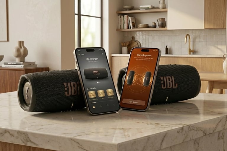 Mode StereoTogether de l'application JBL avec deux enceintes JBL Charge 6 connectées