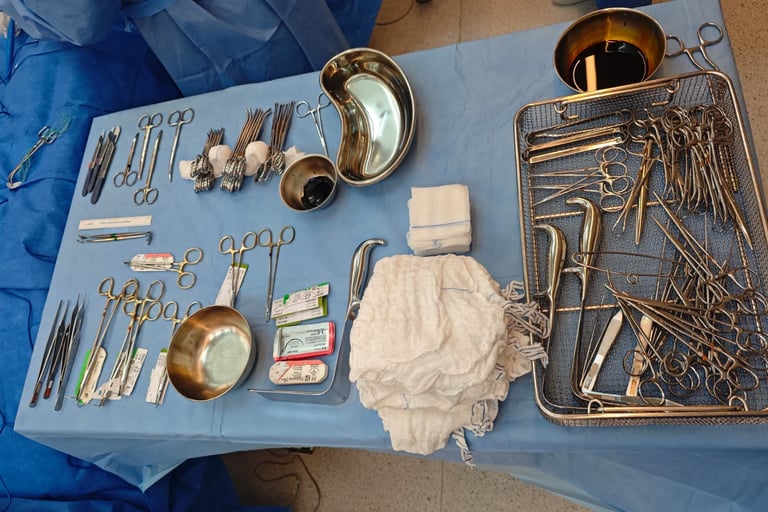 a table with a bunch of surgical instruments