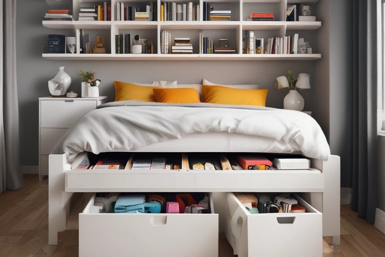 a bed with a bed and a book shelf used for organizing