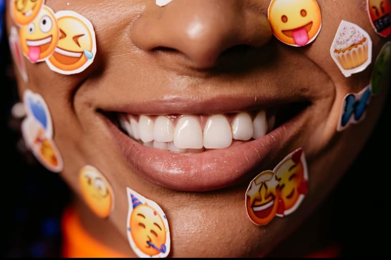 Smiling face with emoji stickers showing how social media shape emotions and social behavior.