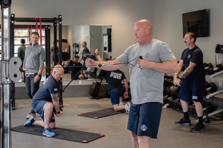 Firefighters performing strength training and cable machine exercises at a gym for physical fitness.