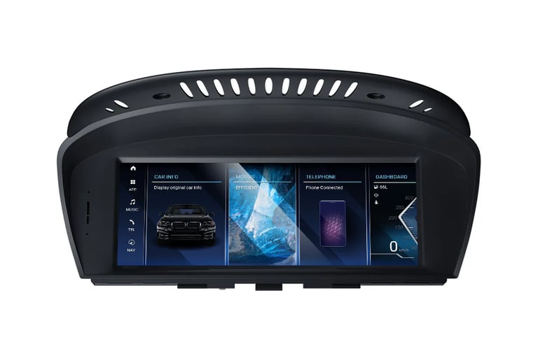 a car dashboard with a display of a car