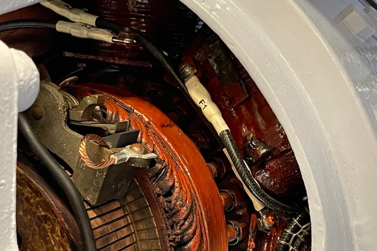 Close up of shunt wound DC motor brush assembly