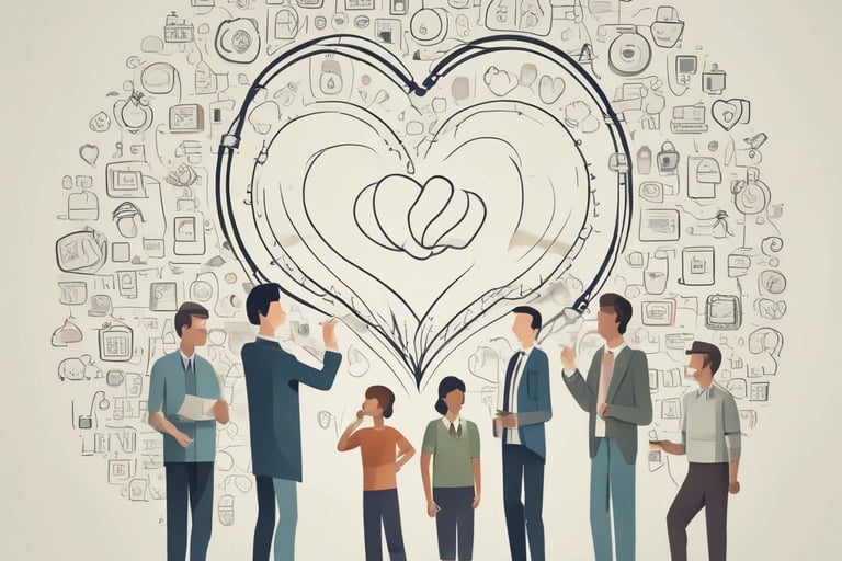 a group of people standing in front of a heart shaped drawing