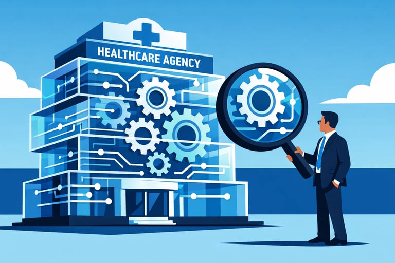  A digital handshake between a healthcare owner and a buyer, with icons of AI technology and rising 