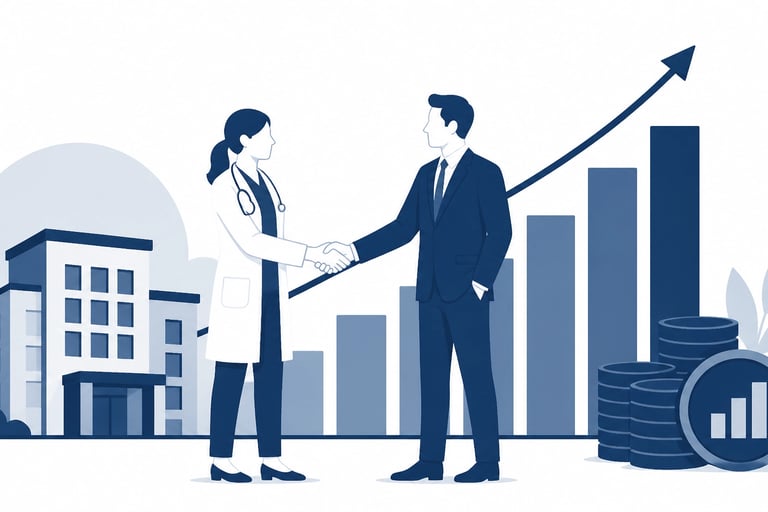 Flat-style vector illustration showing a rising valuation graph and a clinical professional shaking