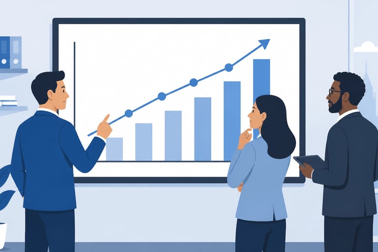 Flat-style vector illustration of three diverse business people reviewing a data chart on a large sc