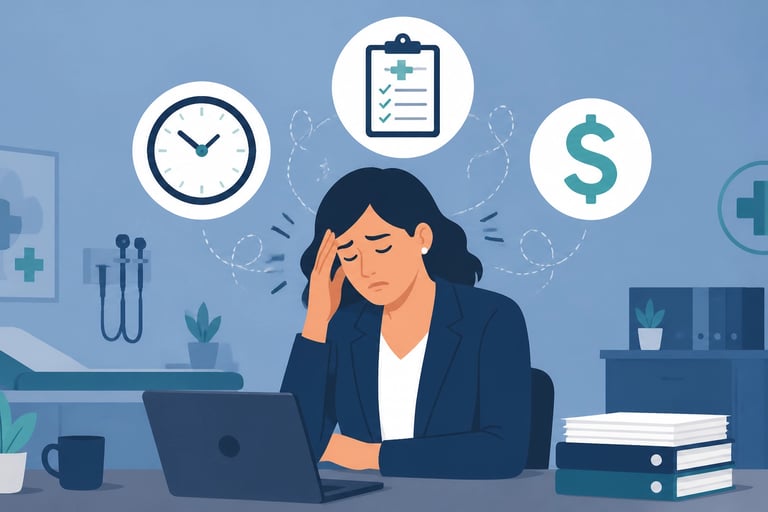 Flat-style vector of a professional looking stressed by floating icons of clocks, money, and medical
