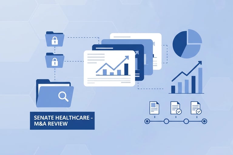 Financial documents organized for M&A review with Senate Healthcare branding
