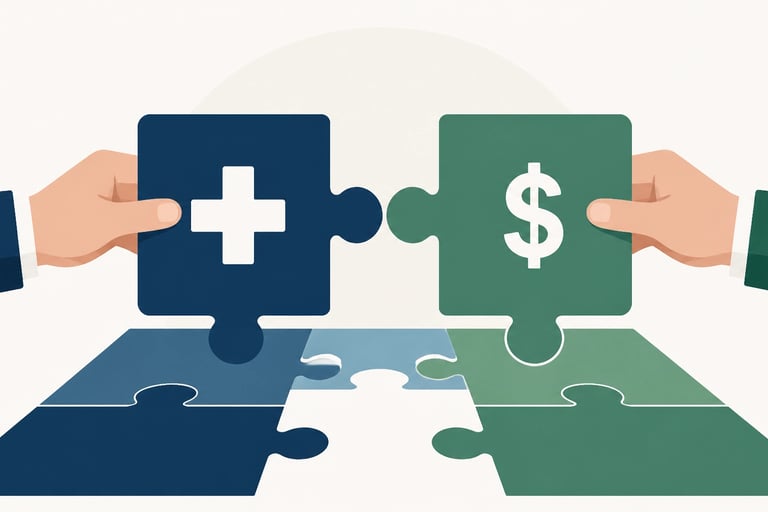 A puzzle representing a strategic acquisition with a dollar sign and a healthcare symbol.