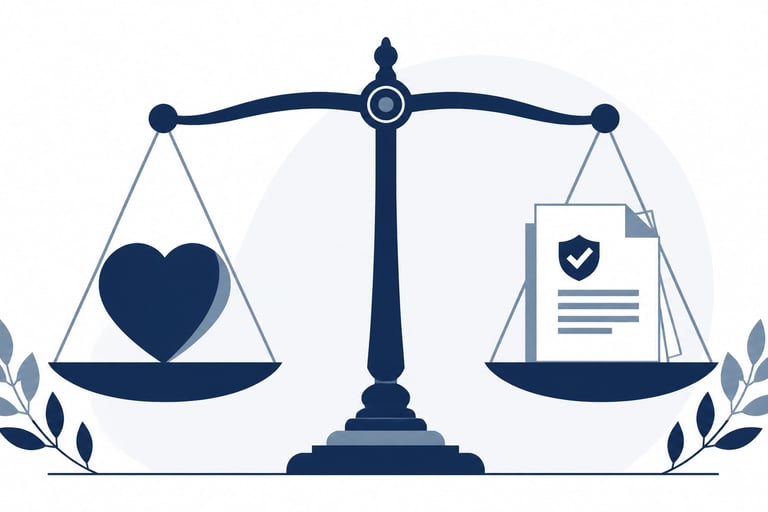 illustration of a balance scale weighing a heart against a stack of official documents, representing