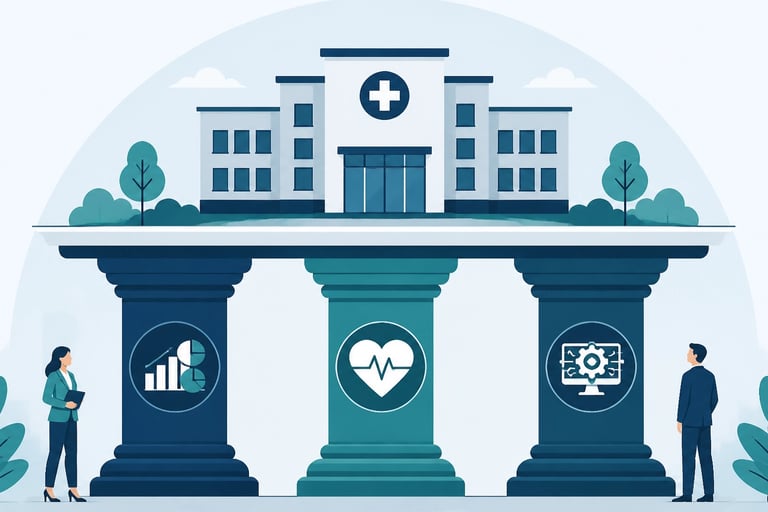 Flat-style vector of three sturdy pillars supporting a healthcare building to represent financial, c