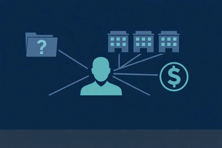 A 3D rendered graphic of a magnifying glass hovering over a stack of medical patient files, symboliz