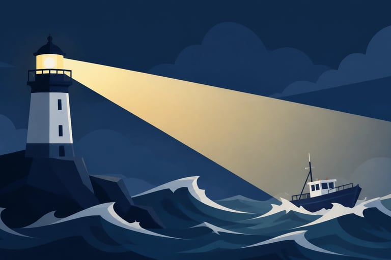 Flat-style vector illustration of a lighthouse casting a steady beam of light over a small vessel in