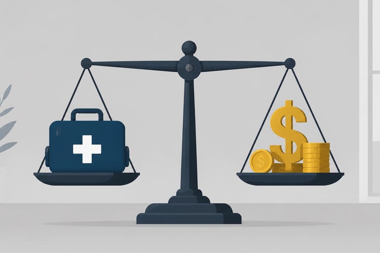 A flat vector illustration of a balance scale with a medical bag on one side and gold currency symbo