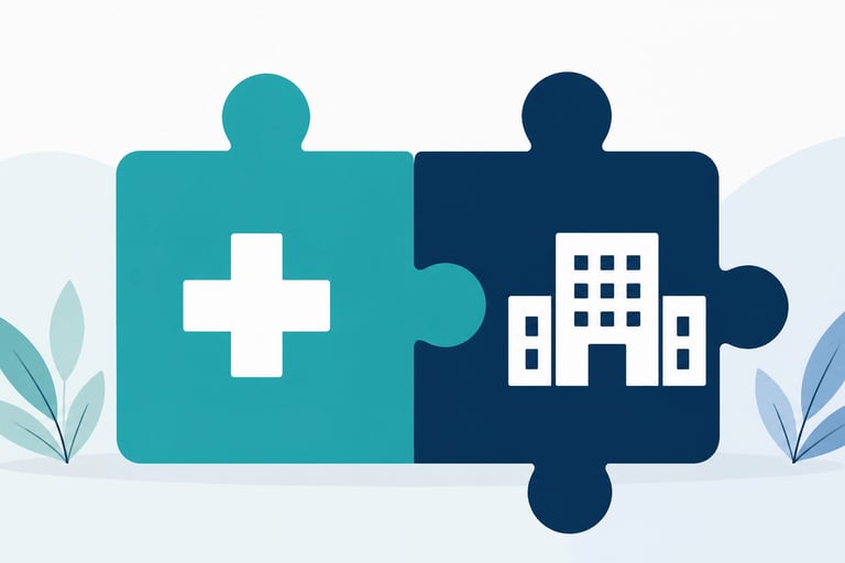 Flat-style vector illustration showing two abstract puzzle pieces, one teal and one navy blue, joini