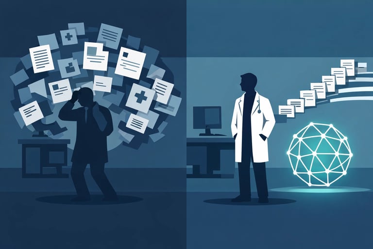 A clean, professional infographic comparing traditional clinical workflow vs. an AI-augmented workfl