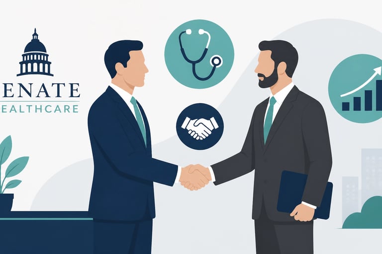 illustration of two professional figures shaking hands with icons of a stethoscope and growth chart,