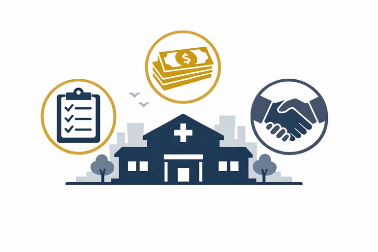 Hospice owner meeting with acquisition team, discussing sale timeline and valuation concerns in prof