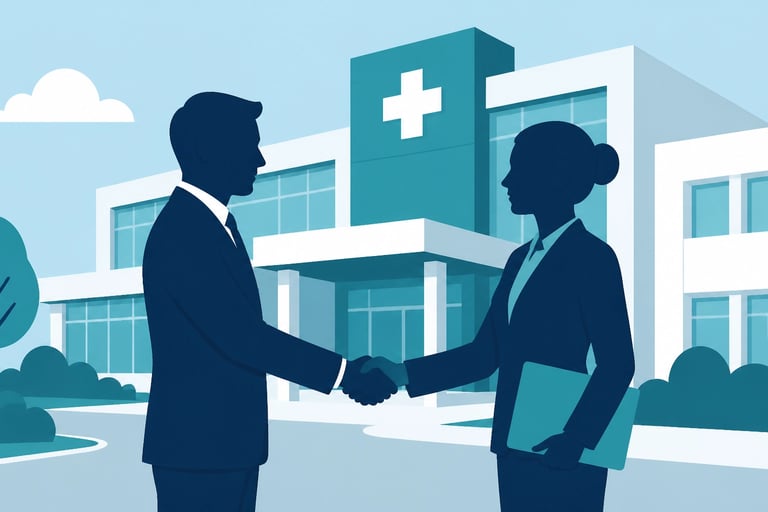 Flat-style vector illustration of two professional silhouettes shaking hands in front of a modern he