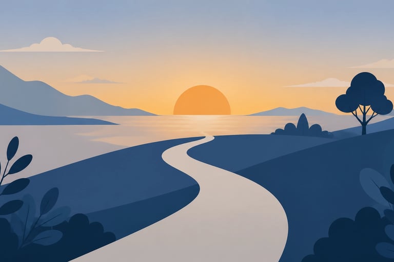 Flat-style vector illustration of a calm, professional path leading toward a horizon with a stylized