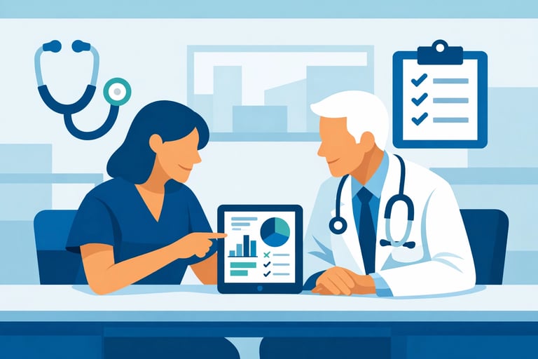 Healthcare professional meeting with physician in medical office, representing the high-value physic