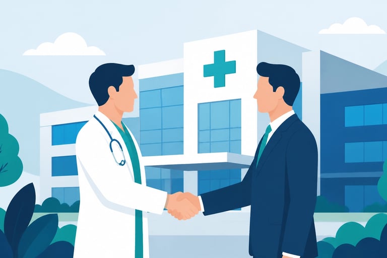 Flat-style vector illustration of two figures shaking hands in front of a modern medical facility.