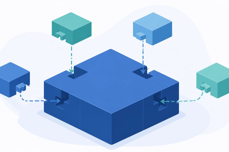 Flat-style vector illustration of building blocks with one large central block representing a platfo
