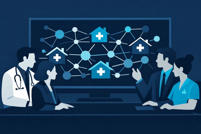 An overhead view of a diverse healthcare management team at Senate Healthcare LLC reviewing data map