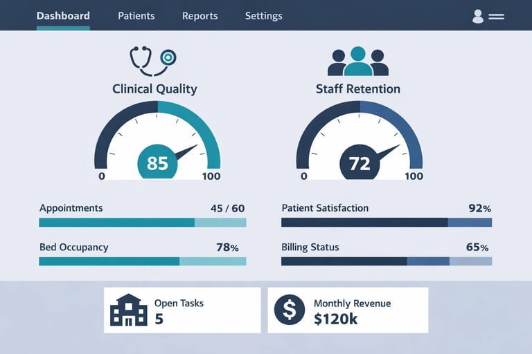 A close-up of a digital dashboard showing real-time healthcare KPIs like patient satisfaction and st