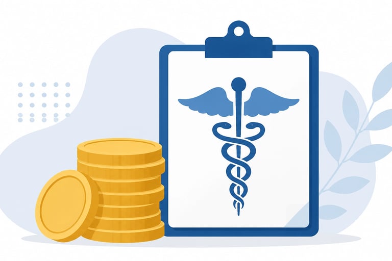 Flat-style vector illustration of a stack of gold coins next to a medical clipboard.