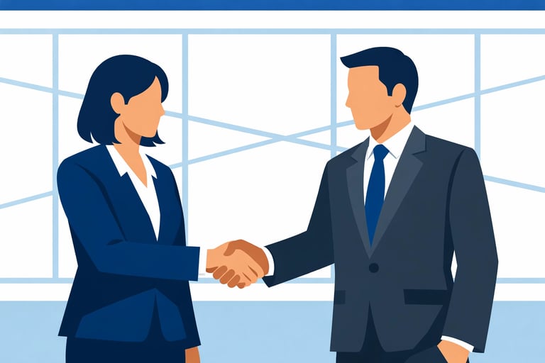 Two professionals shaking hands in a bright office, representing a successful healthcare partnership