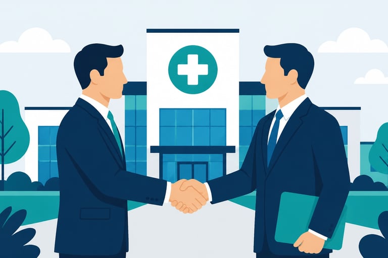 Flat-style vector of a handshake in front of a medical facility representing a strategic healthcare