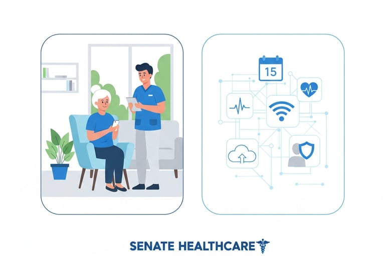 Side-by-side comparison of a caregiver using a tablet and another caregiver with paper files