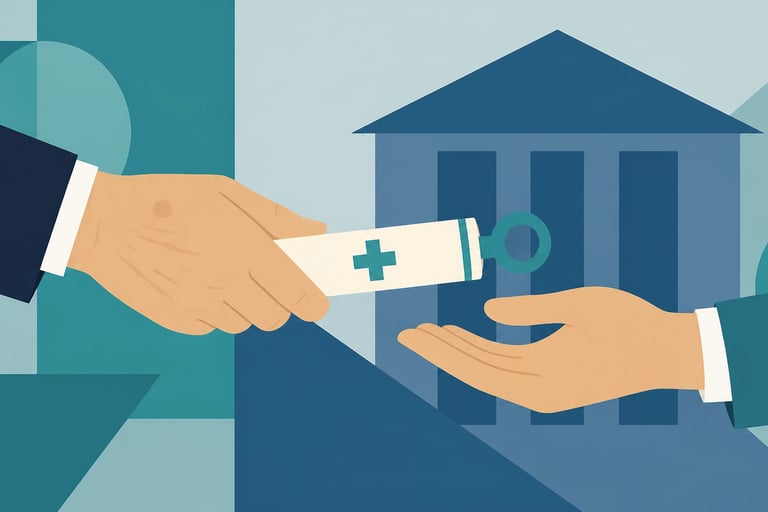 Two hands passing a baton that looks like a medical scroll, symbolizing a smooth business succession
