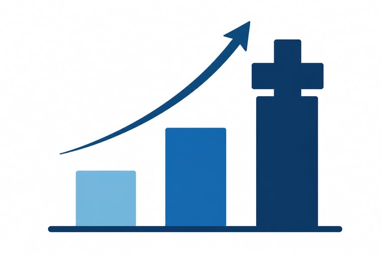 Flat-style vector bar chart showing increasing growth with a medical cross icon to represent rising 