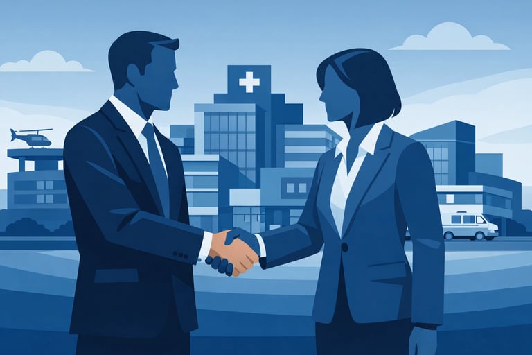 The Senate Healthcare logo next to a "Contact Us" button, set against a background of a modern healt