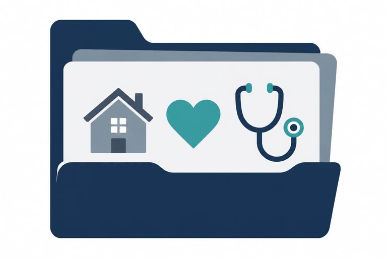 Flat-style vector illustration of a minimalist document folder icon containing house, heart, and ste