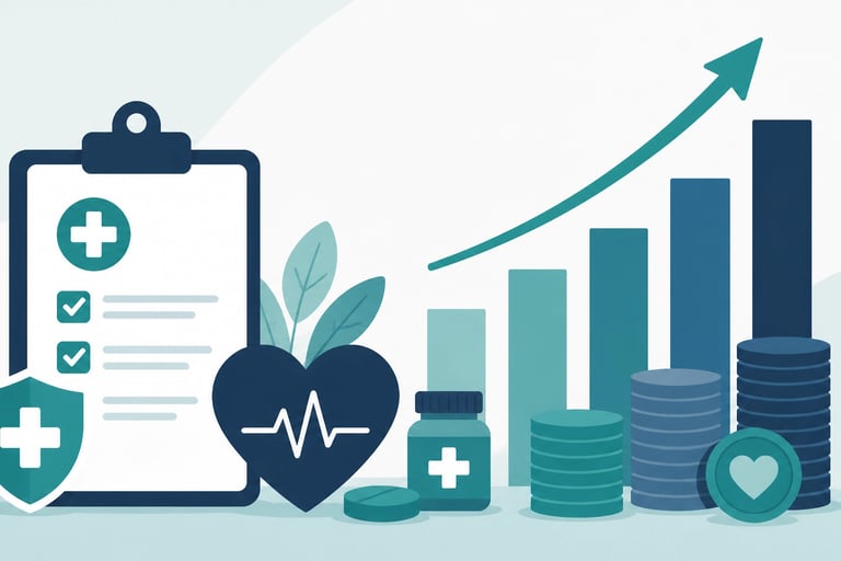 A minimalist flat-style vector illustration showing rising bar charts and stacks of coins next to me