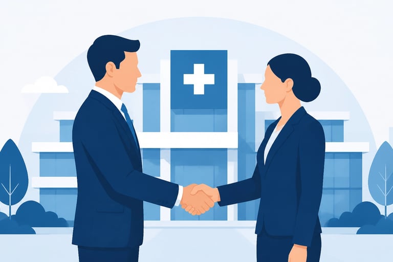 Flat-style vector of a professional handshake in front of a medical facility silhouette symbolizing 