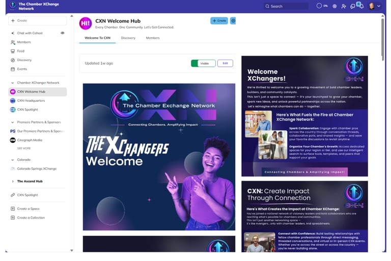 Chamber XChange welcome hub with sidebar links and a spotlight message for new members.