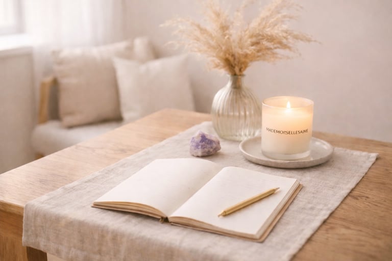 espace de séance de libération énergétique et émotionnelle avec bougie et carnet