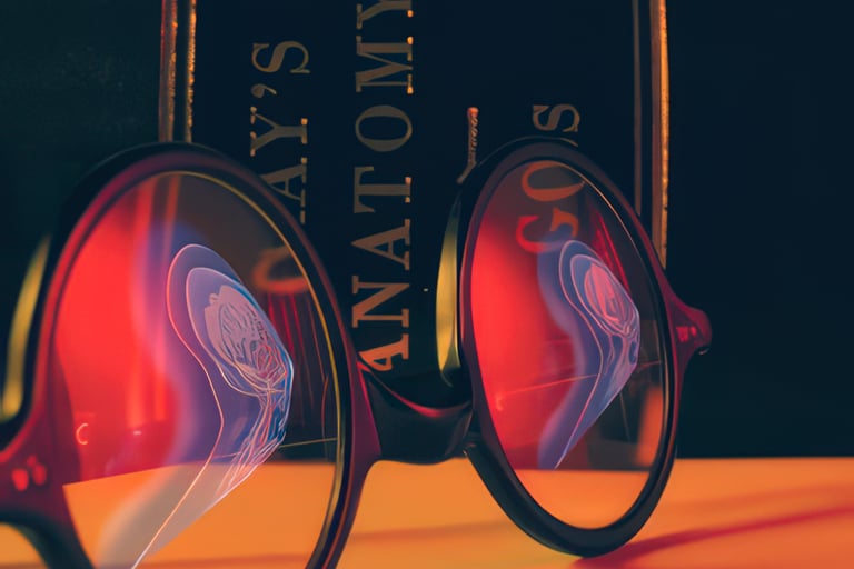 Eyeglasses  lying in front of Gray's Anatomy textbook.