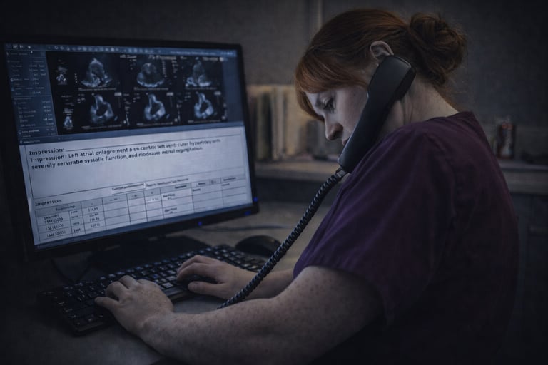 Ultrasoonographer typing and phoning in an urgent finding.