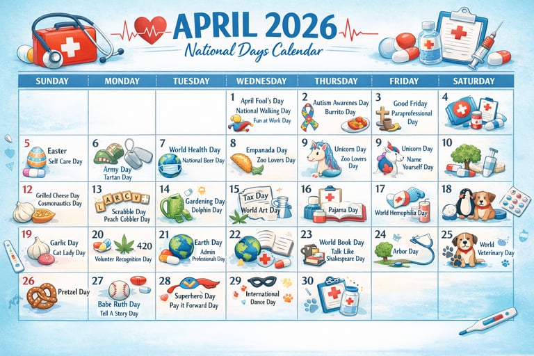 April 2026 National Days Calendar featuring medical icons and daily holiday illustrations.