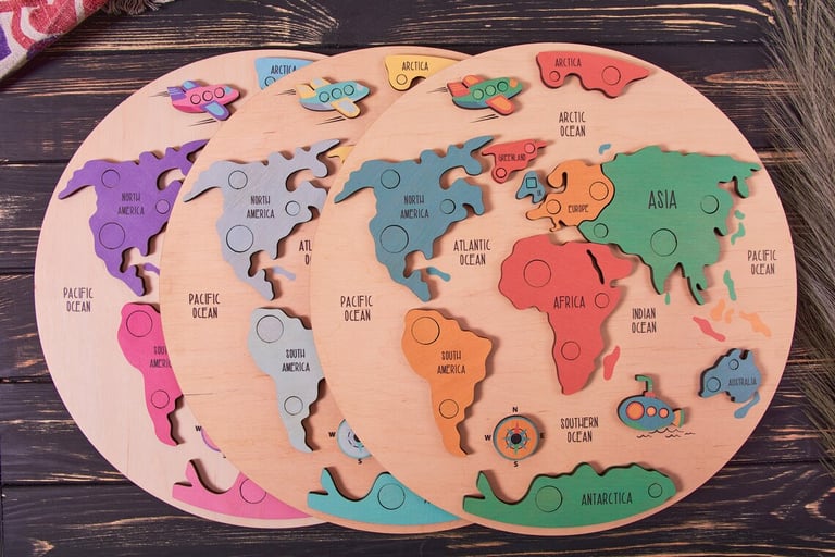 a wooden puzzle puzzle board with a map of the world